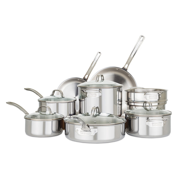 Viking Culinary 3-Ply Stainless Steel Cookware Set, 17 piece, Includes Pots  & Pans, Steamer Insert & Glass Lids