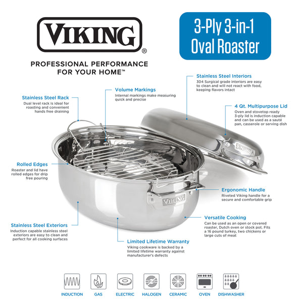  Viking Culinary 3-in-1 8.6 Qt Die Cast Oval Roaster