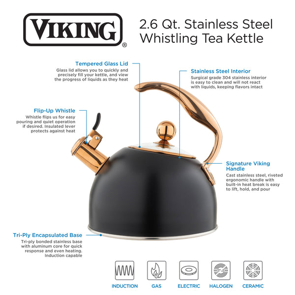 Viking 2.6-Quart Matte Black and Copper Stainless Steel Whistling