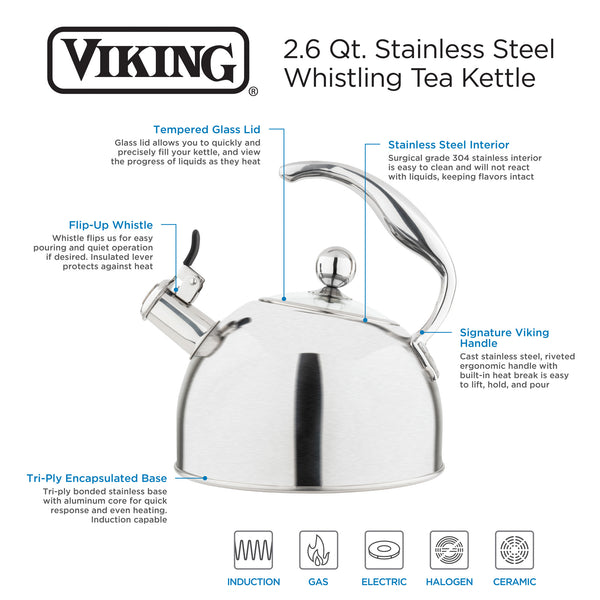 Viking 2.6-Quart Satin Finish Stainless Steel Whistling Kettle with 3