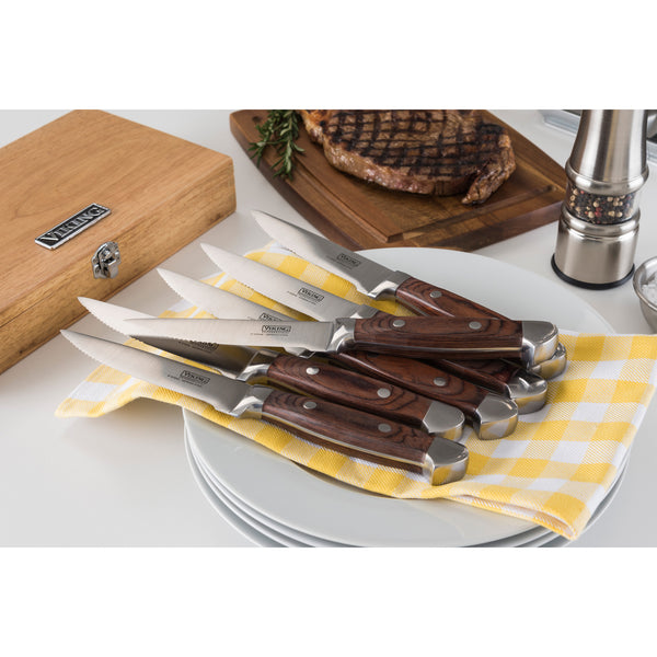 Steak Knife Set in Gift Box 6 Full-Tang High Carbon Stainless Steel  Non-Serrated Knives Classic Olivewood Style Ergonomic Pakkawood Handles  Luxury