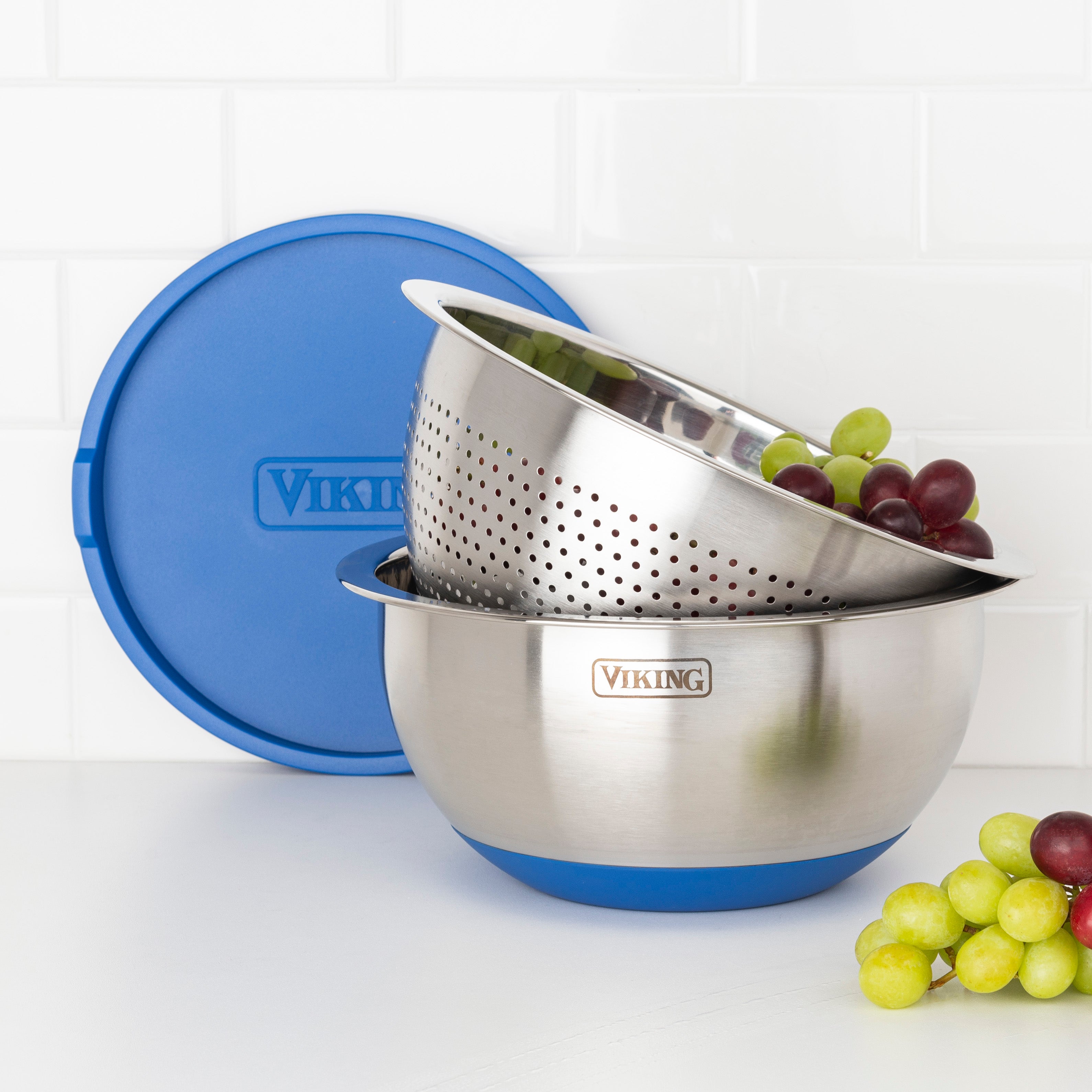 Viking 9-Piece Stainless Steel Mixing Bowl Set with Strainer, Blue