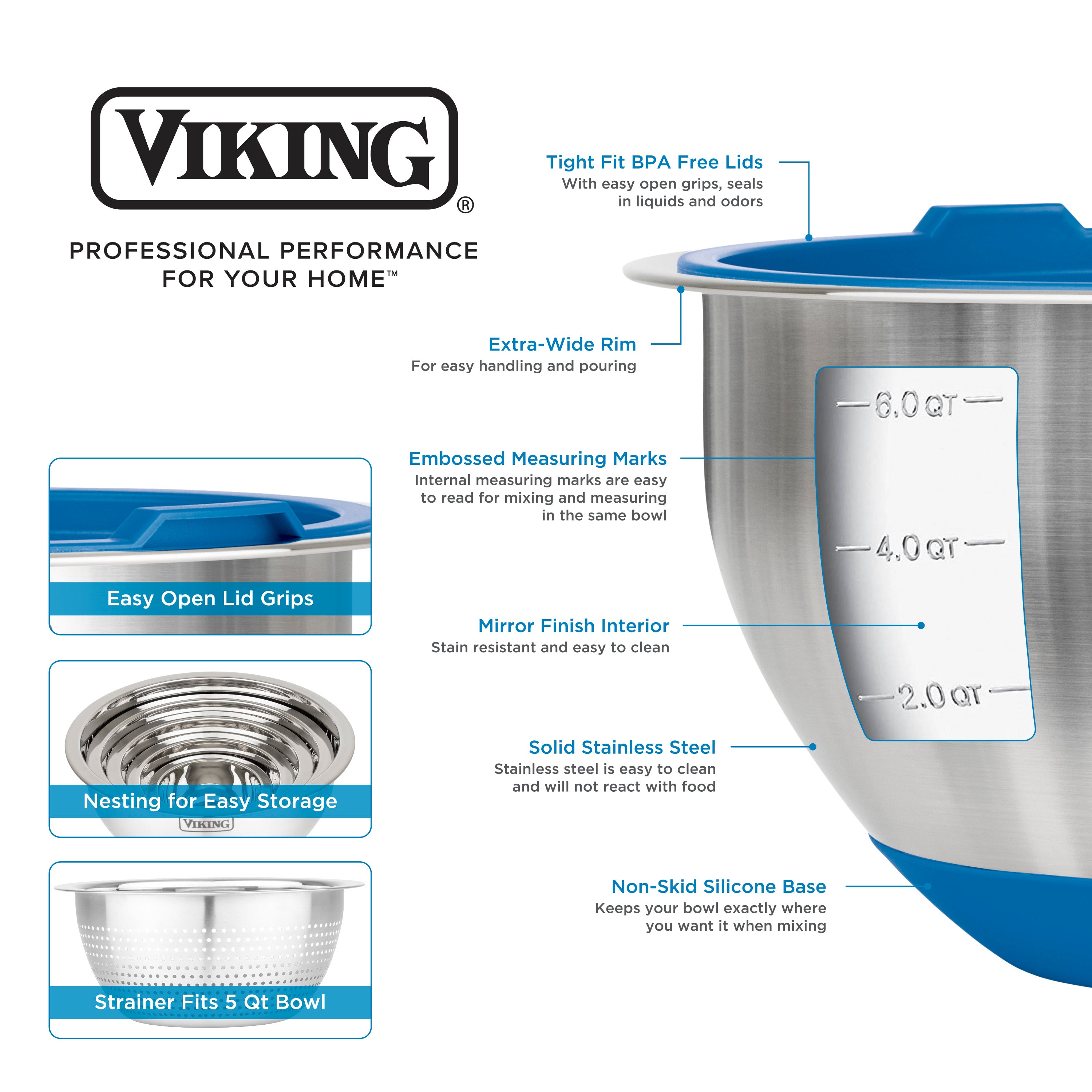 Viking 9-Piece Stainless Steel Mixing Bowl Set with Strainer, Blue