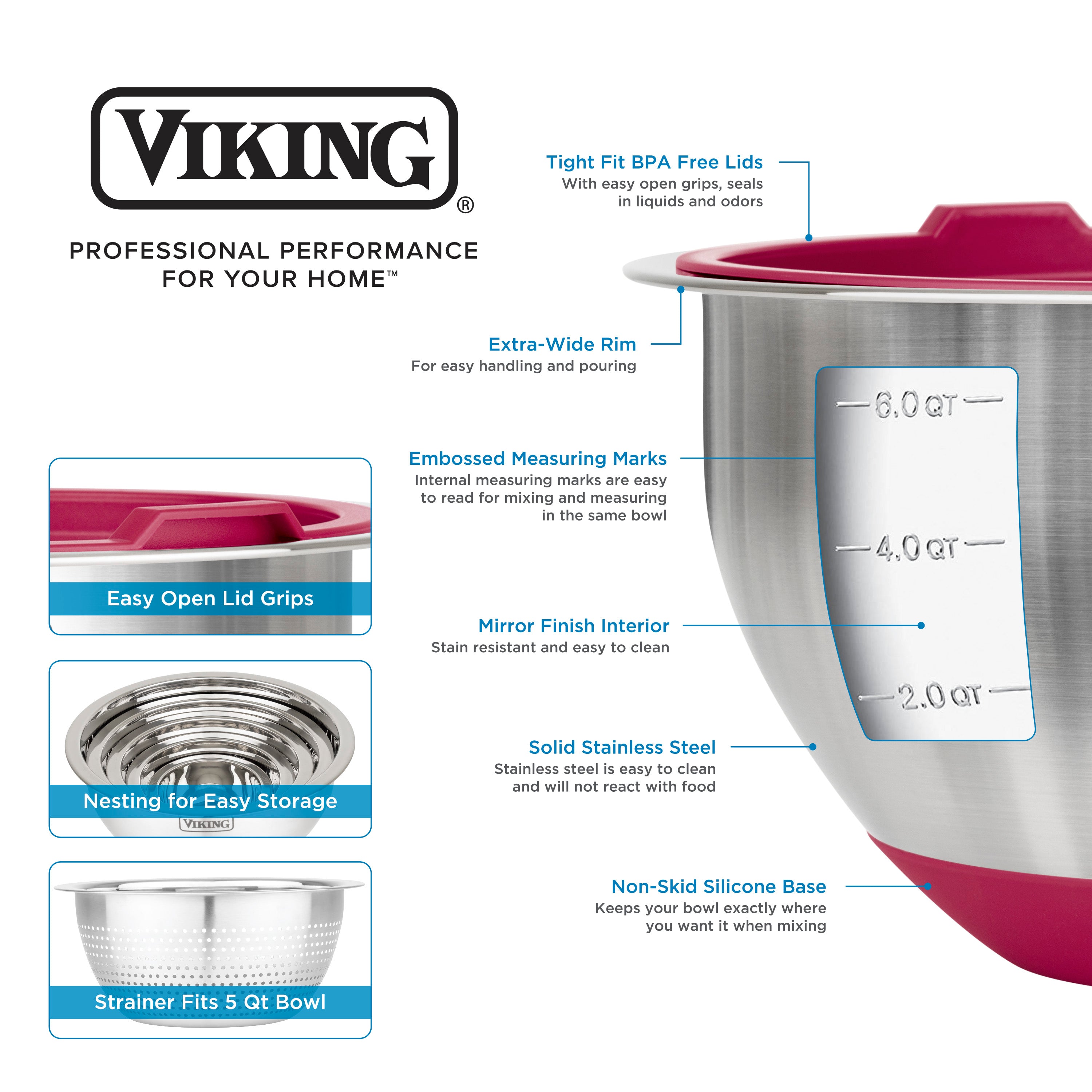 Viking 9-Piece Stainless Steel Mixing Bowl Set with Strainer, Red