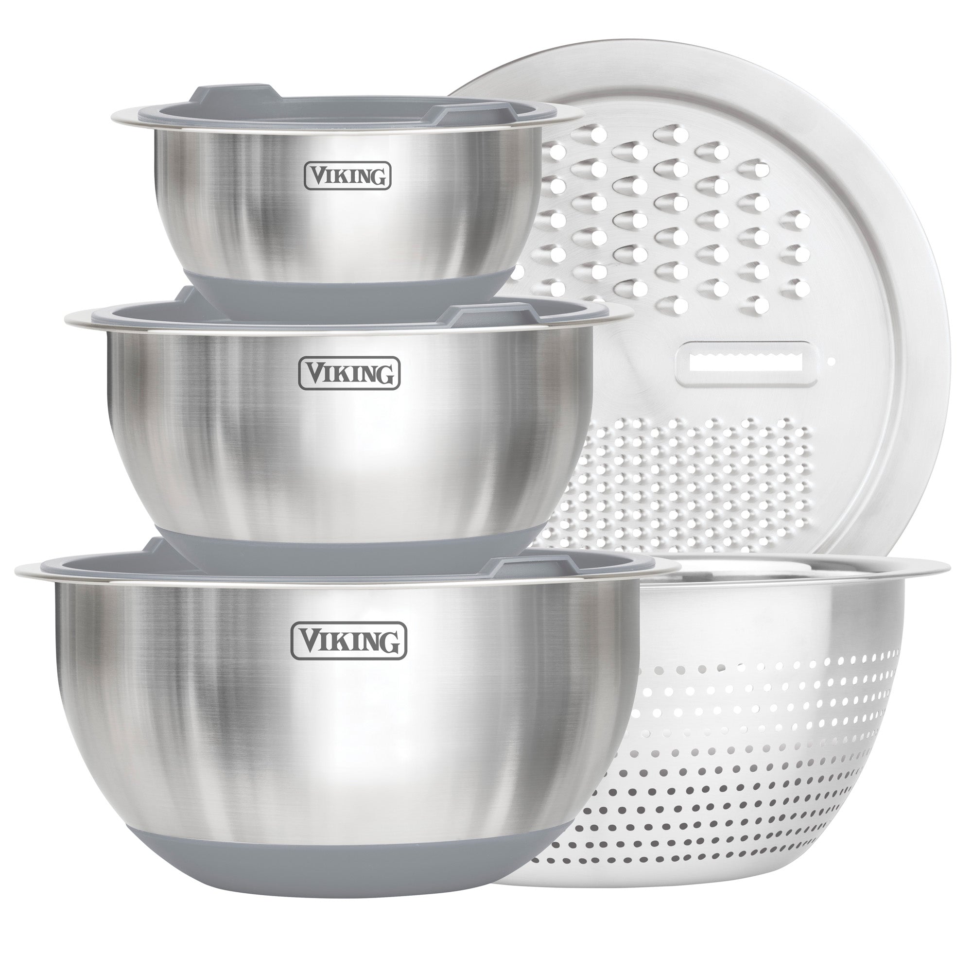 Viking 8-Piece Stainless Steel Mixing Bowl Prep Set with Strainer and Cutting Lid, Gray