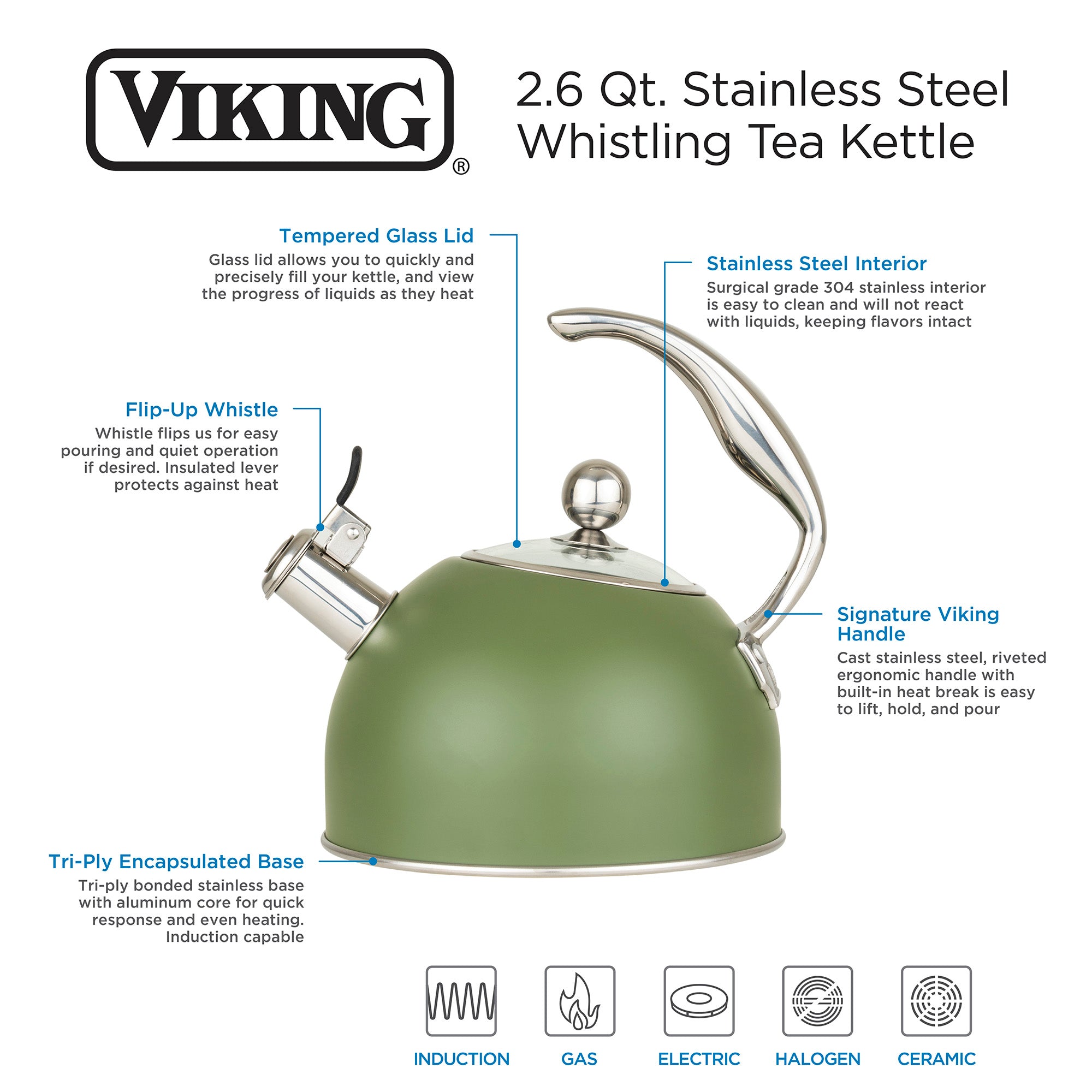 Viking Stainless Steel 2.6 Quart Whistling Tea Kettles