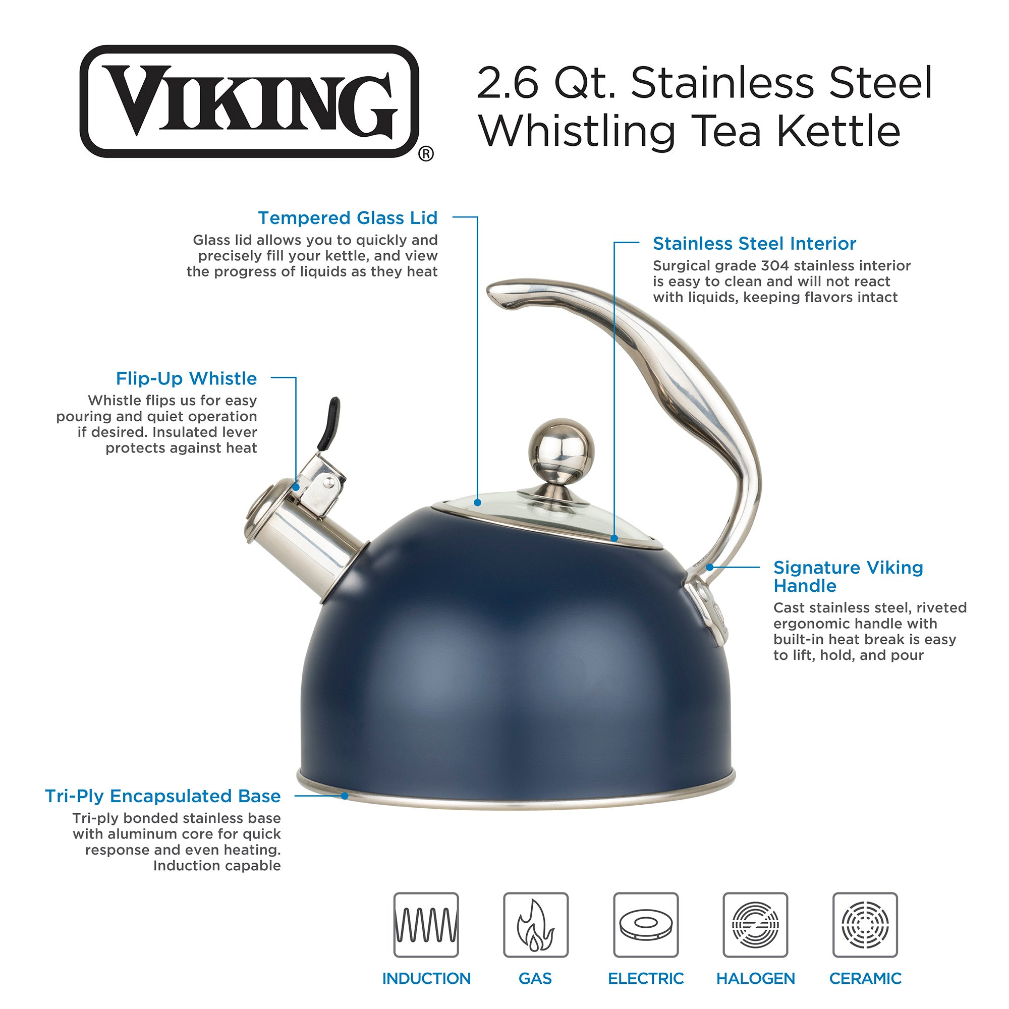 Viking Stainless Steel 2.6 Quart Whistling Tea Kettles - The Peppermill