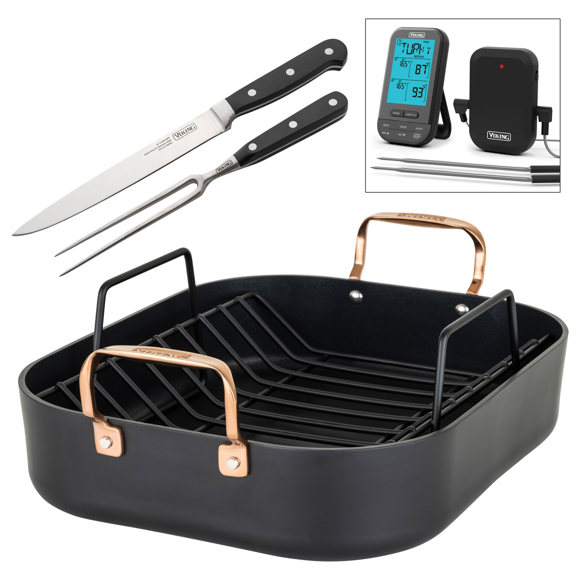 Viking Hard Anodized Roaster with Copper Handles, Rack, and Double Bonus – Bluetooth Thermometer and Carving Set