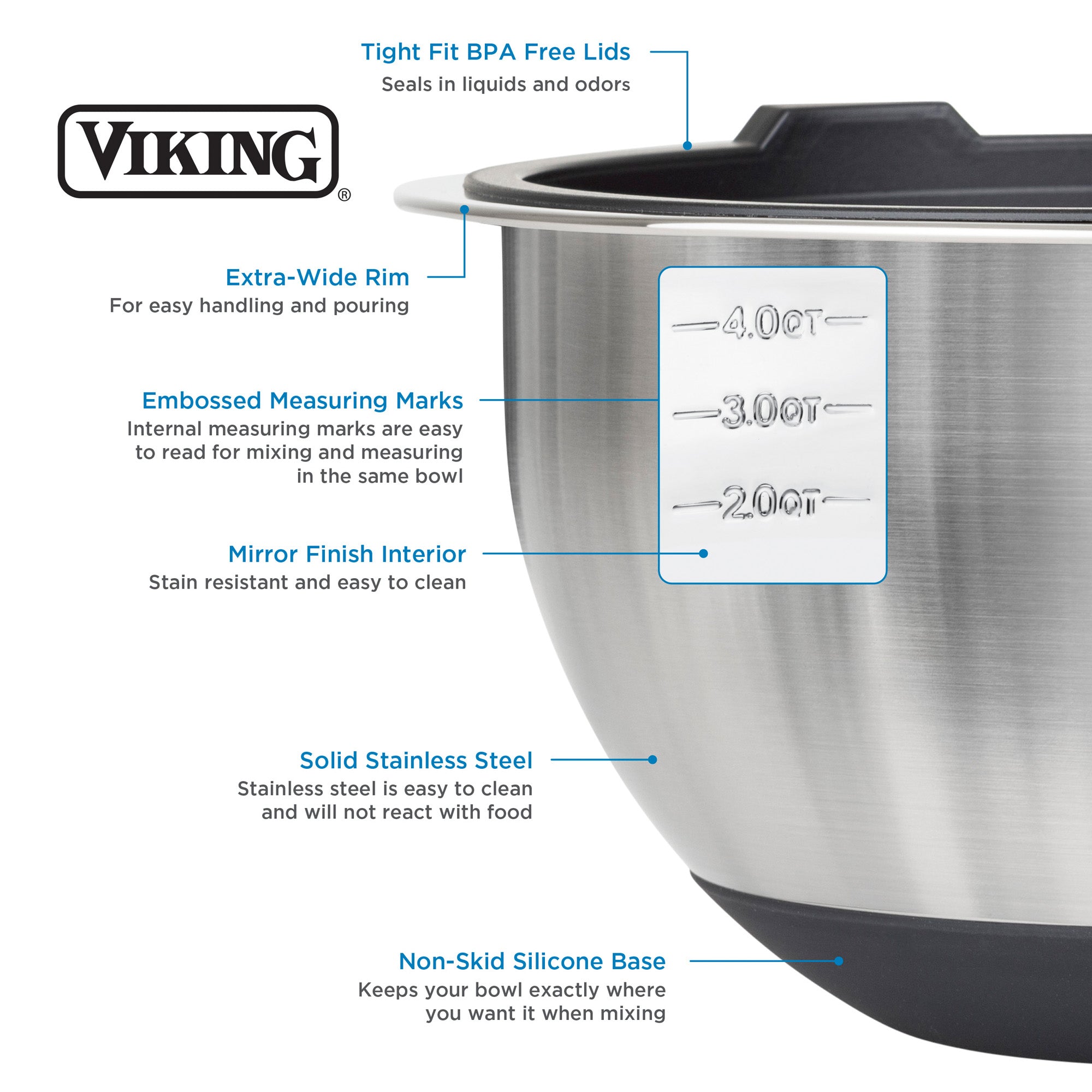 Viking 8-Piece Stainless Steel Mixing Bowl Set with Lids, Black