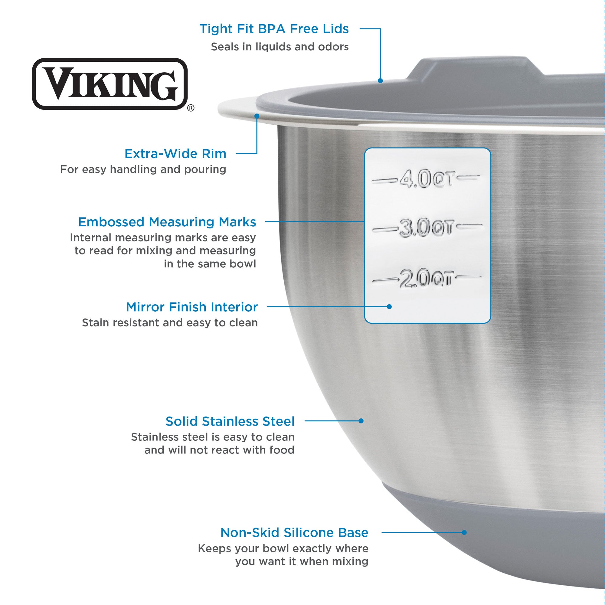 Viking 8-Piece Stainless Steel Mixing Bowl Set with Lids, Gray