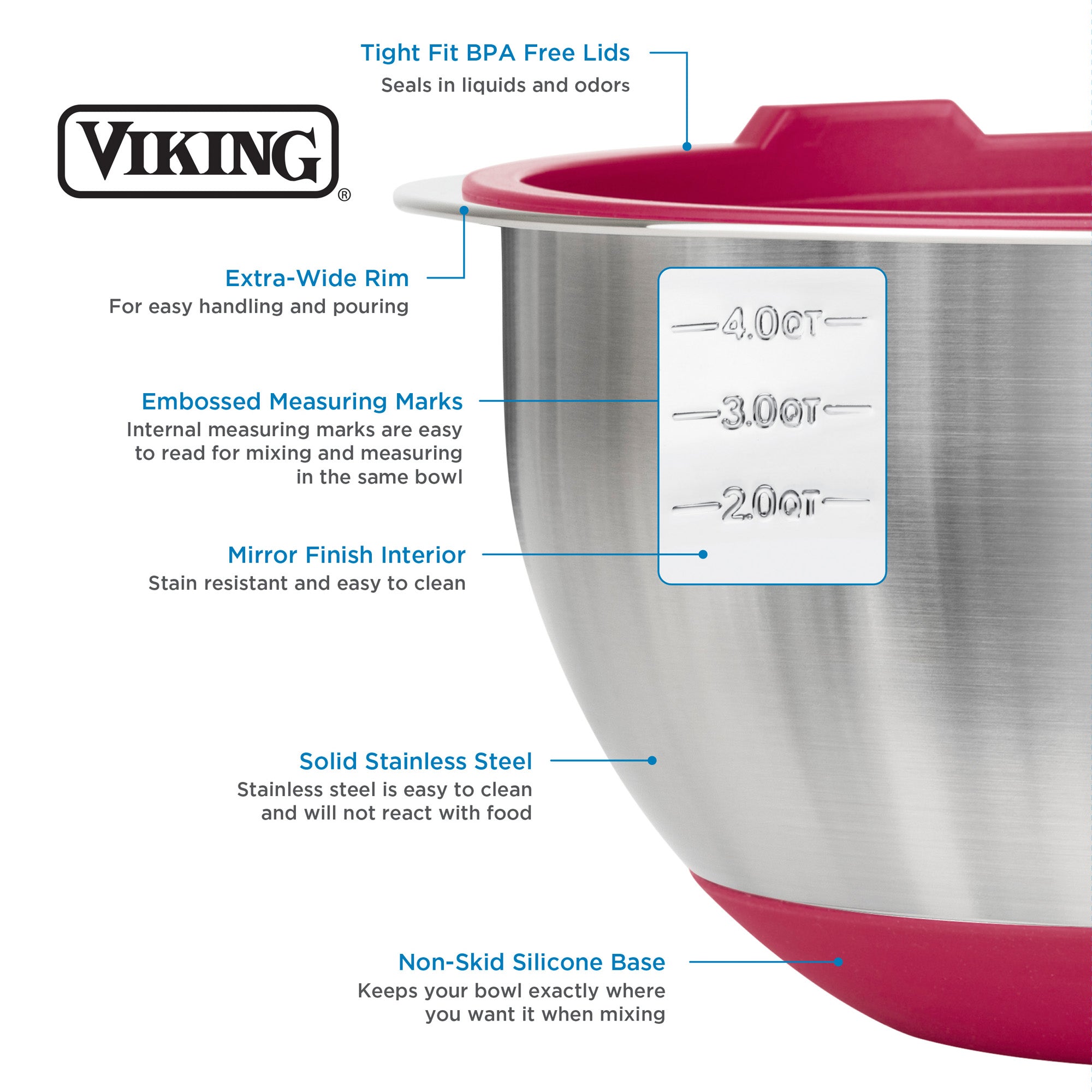 Viking 8-Piece Stainless Steel Mixing Bowl Set with Lids, Red