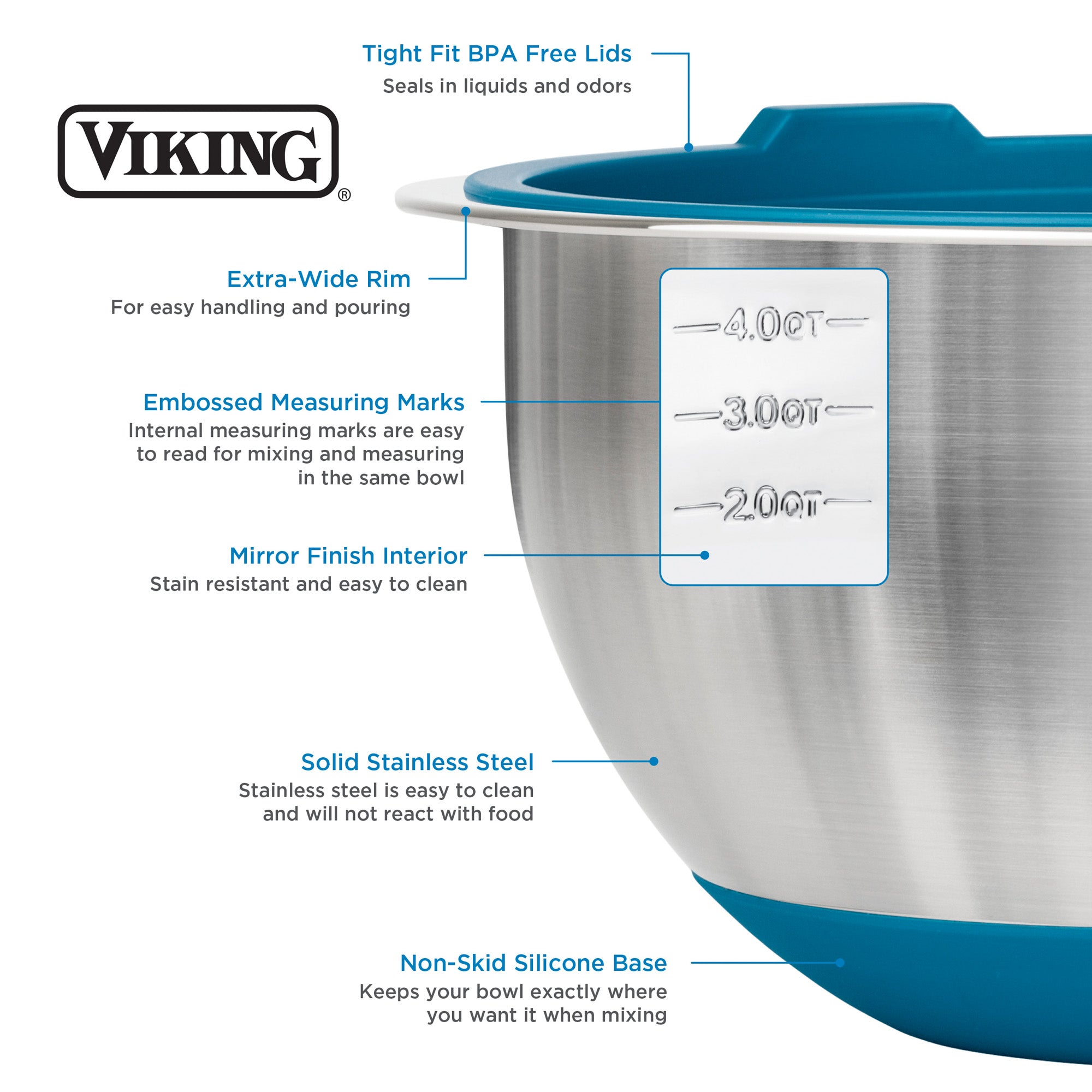 Viking 8-Piece Stainless Steel Mixing Bowl Set with Lids, Teal