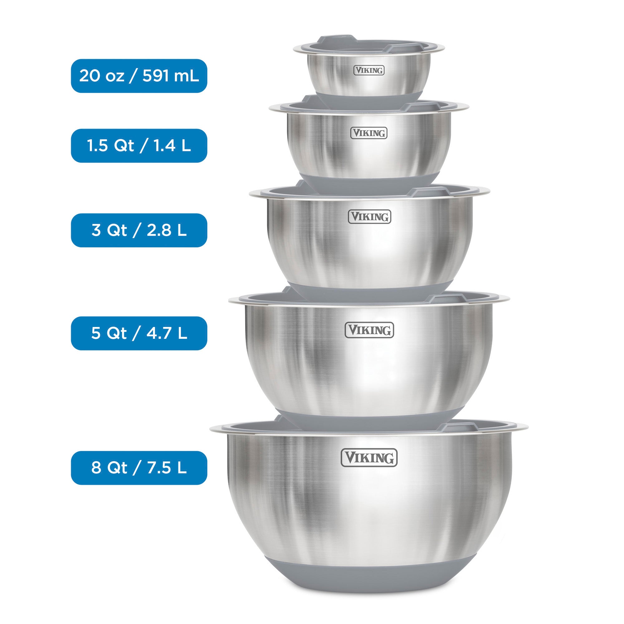 Viking 10-Piece Stainless Steel Mixing Bowl Set with Lids, Gray