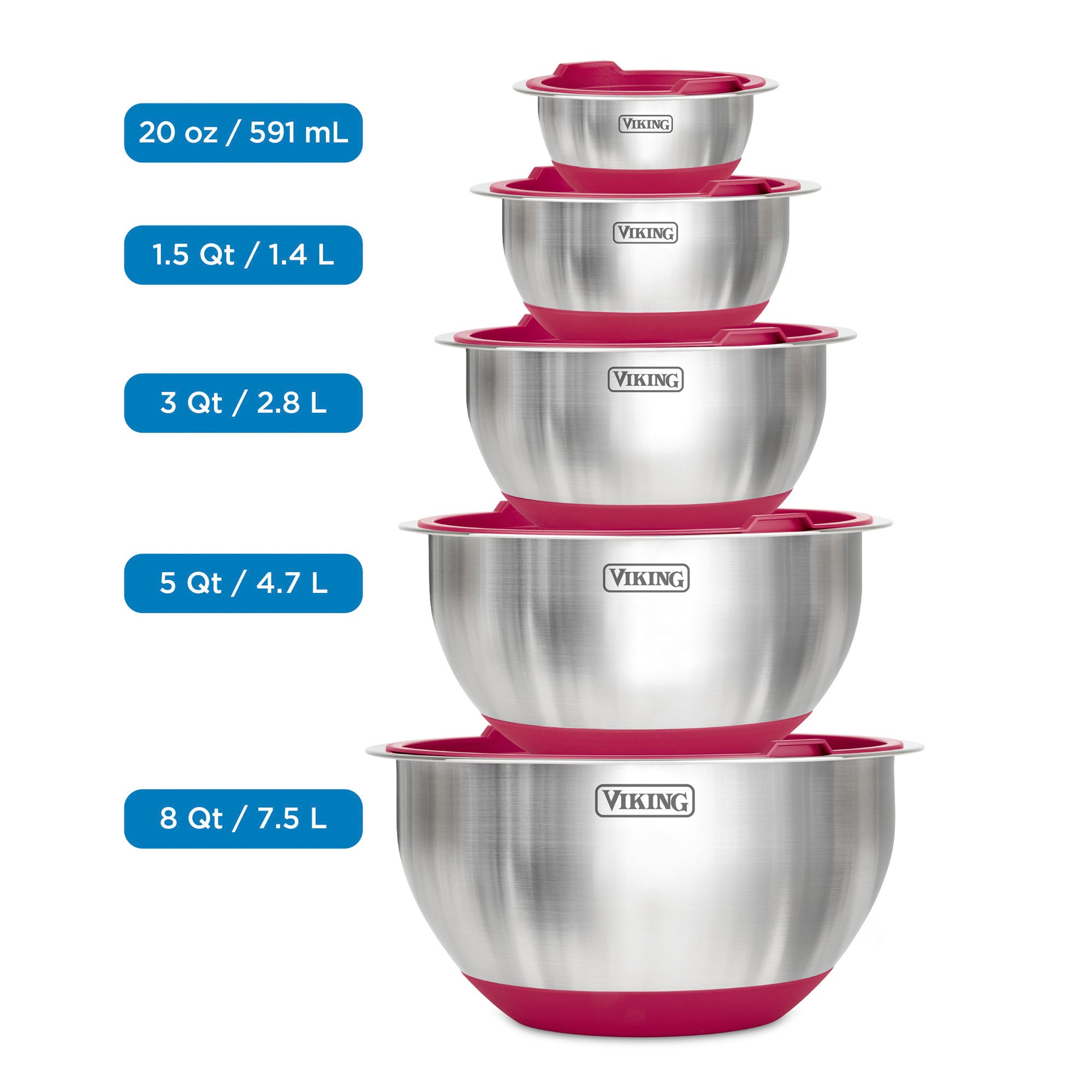 Viking 10-Piece Stainless Steel Mixing Bowl Set with Lids, Red