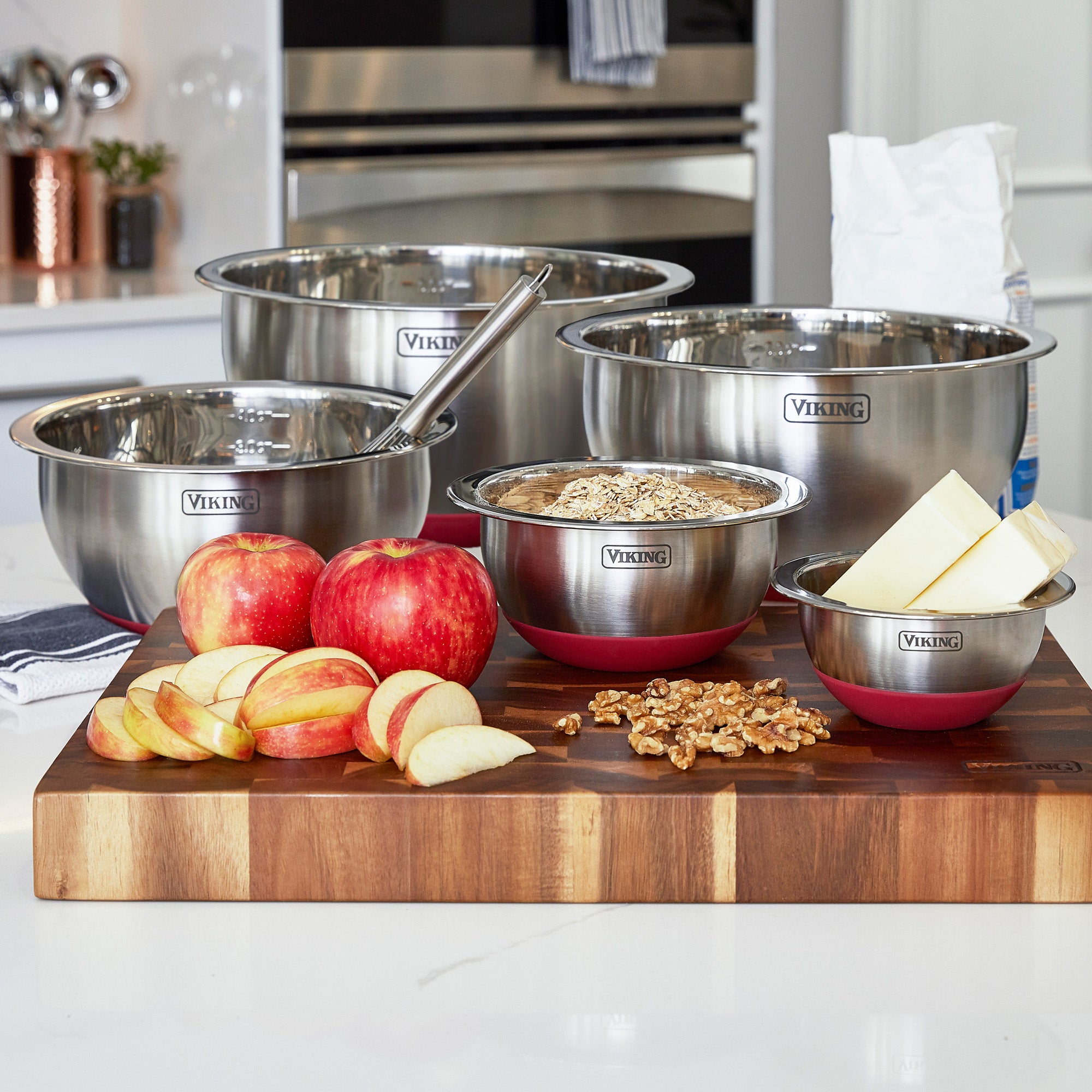 Viking 10-Piece Stainless Steel Mixing Bowl Set with Lids, Red