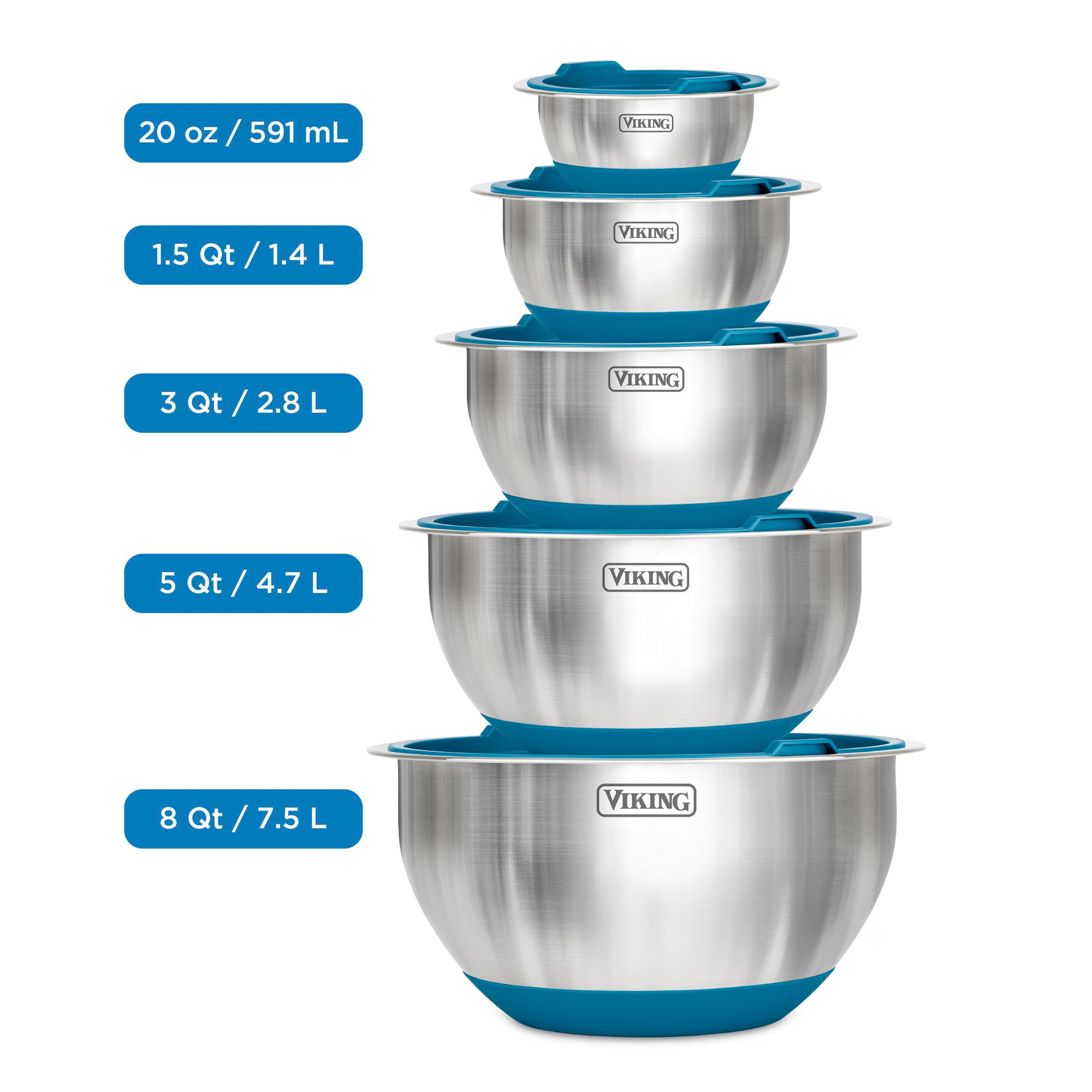 Viking 10-Piece Stainless Steel Mixing Bowl Set with Lids, Teal