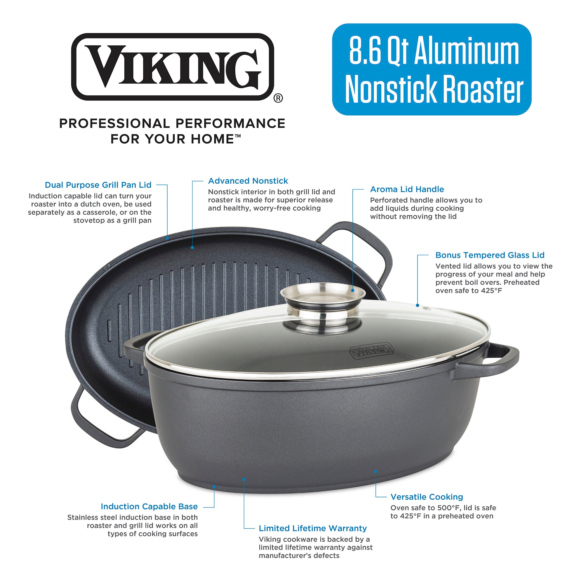 Viking 3-In-1 8.6-Quart Die Cast Oval Roaster with Casserole/Saute Pan and Glass Basting Lid