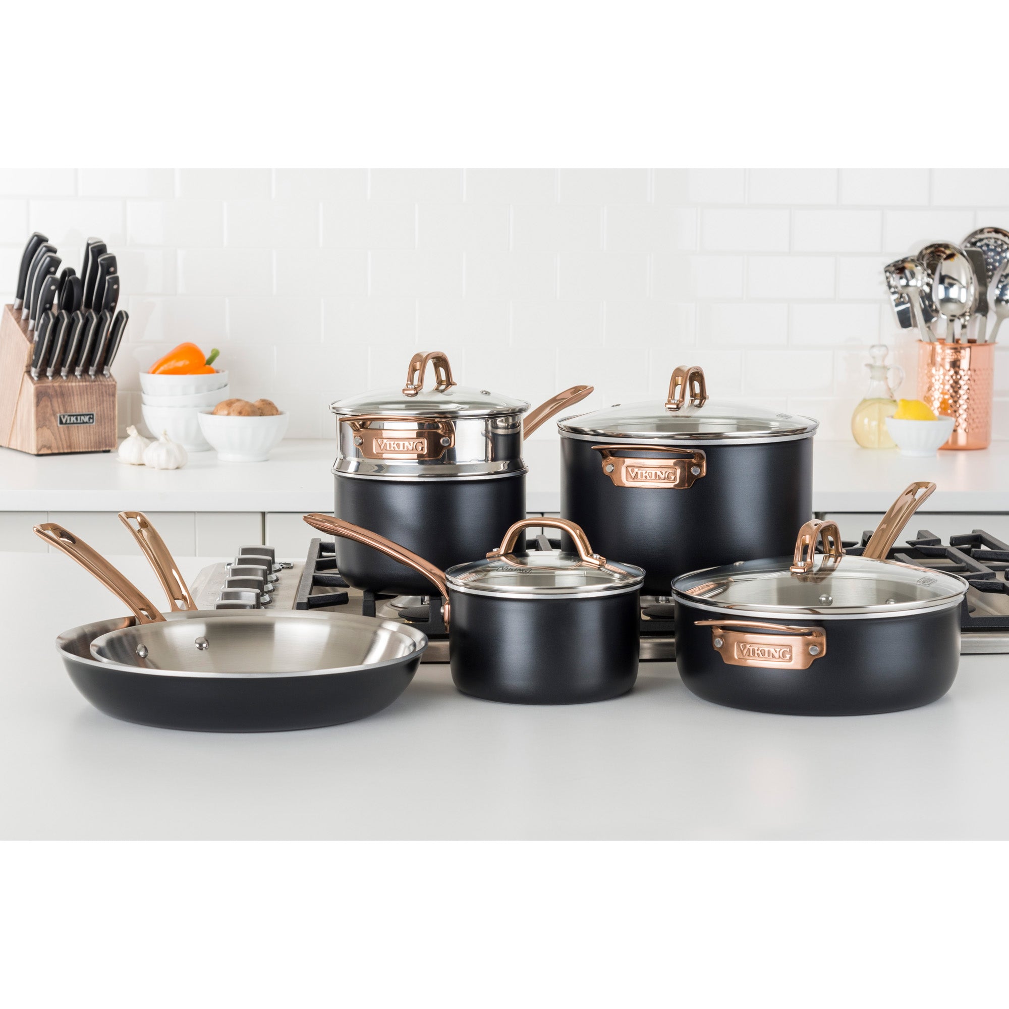 Viking 3-Ply 10 Piece Black and Copper Cookware Set with Glass Lids