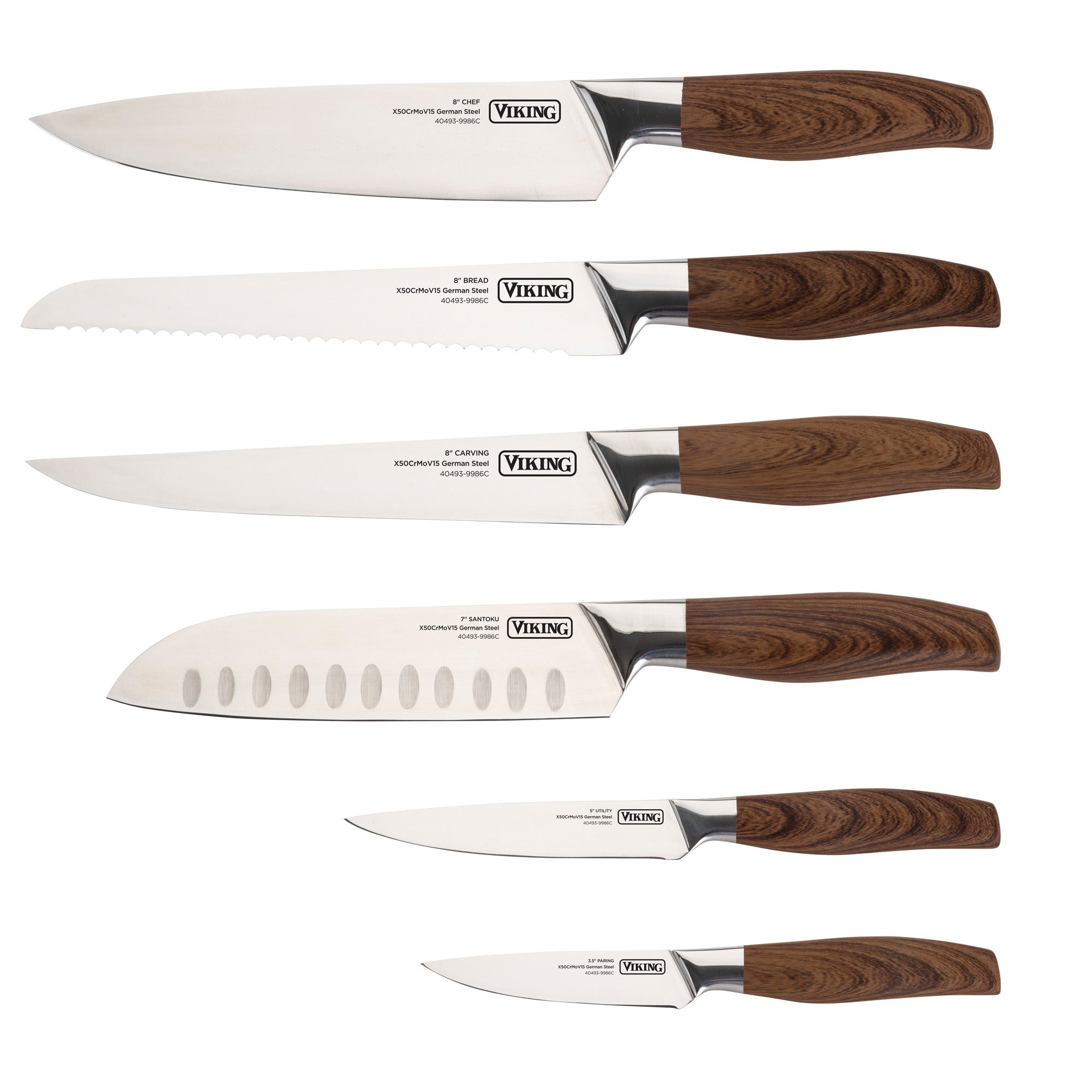 Knife Set German Stainless Steel Natural Brown Wood Handle Mirror Blade  Kitchen