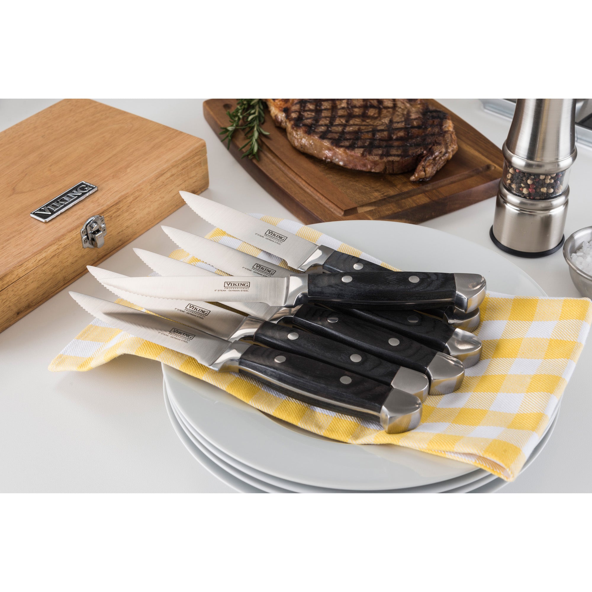 Viking Steakhouse Pakka Wood 6-Piece Steak Knife Set with Gift Box (Black)