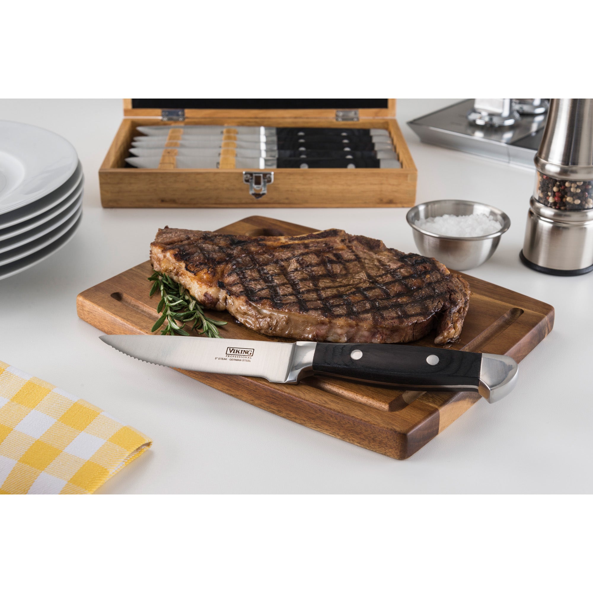 Viking Steakhouse Pakka Wood 6-Piece Steak Knife Set with Gift Box (Black)