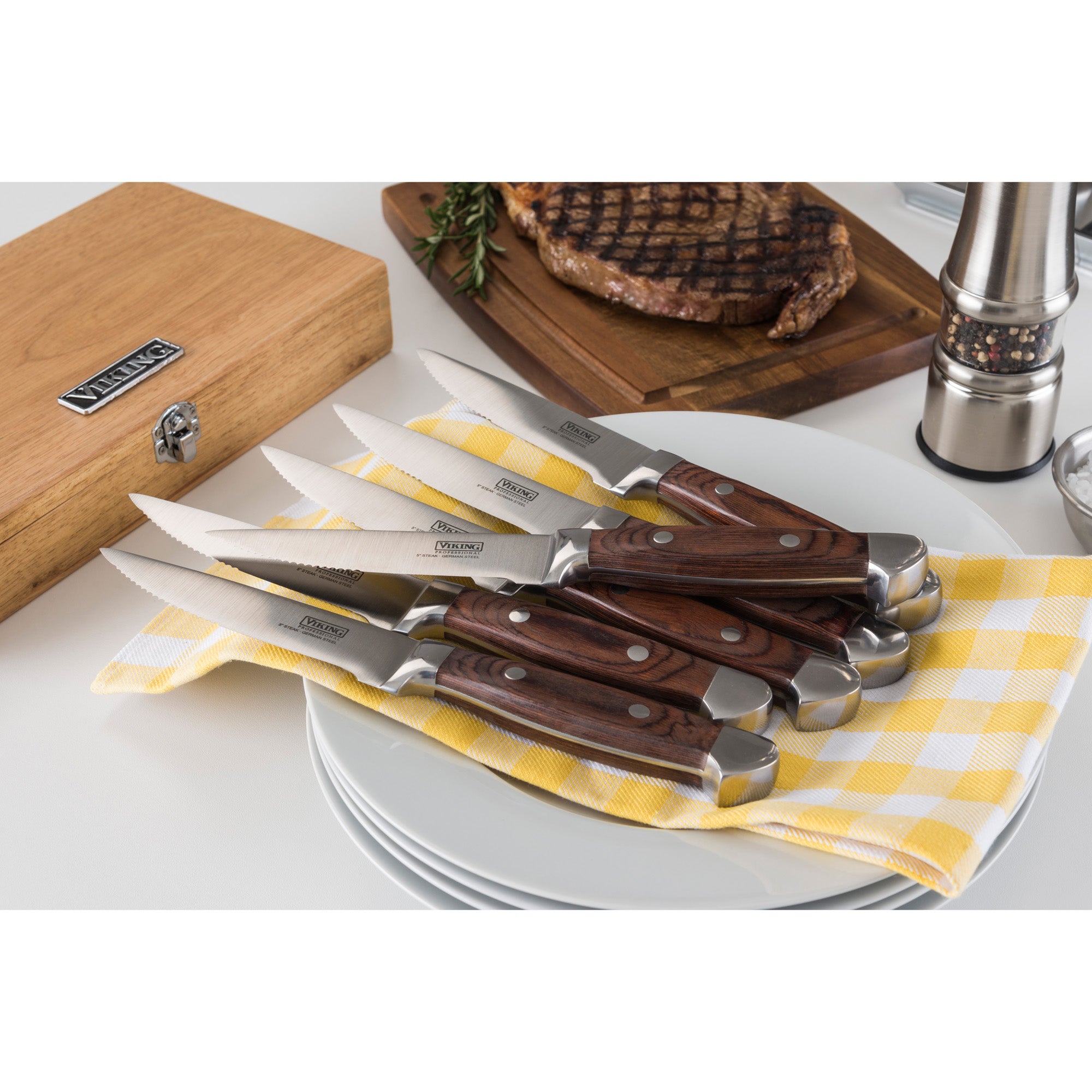 Viking Steakhouse Pakka Wood 6-Piece Steak Knife Set with Gift Box (Red)