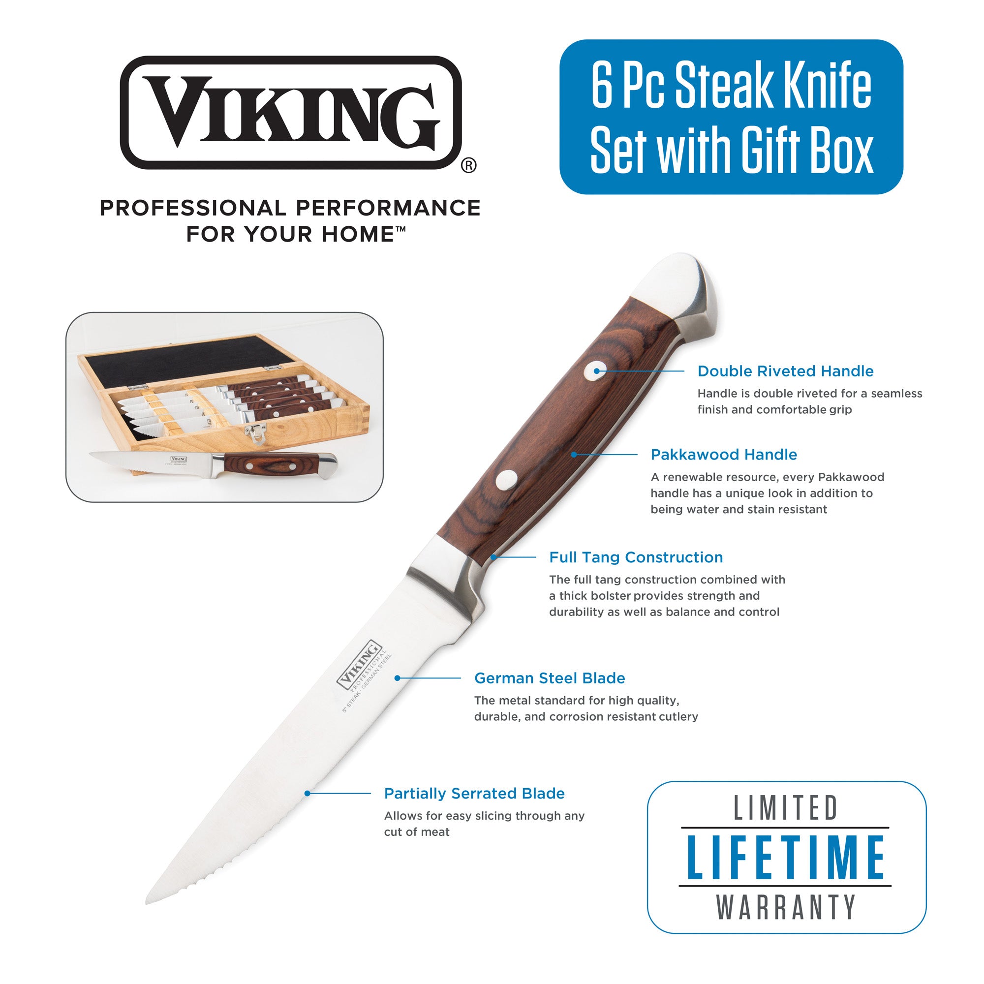 Viking Steakhouse Pakka Wood 6-Piece Steak Knife Set with Gift Box (Red)