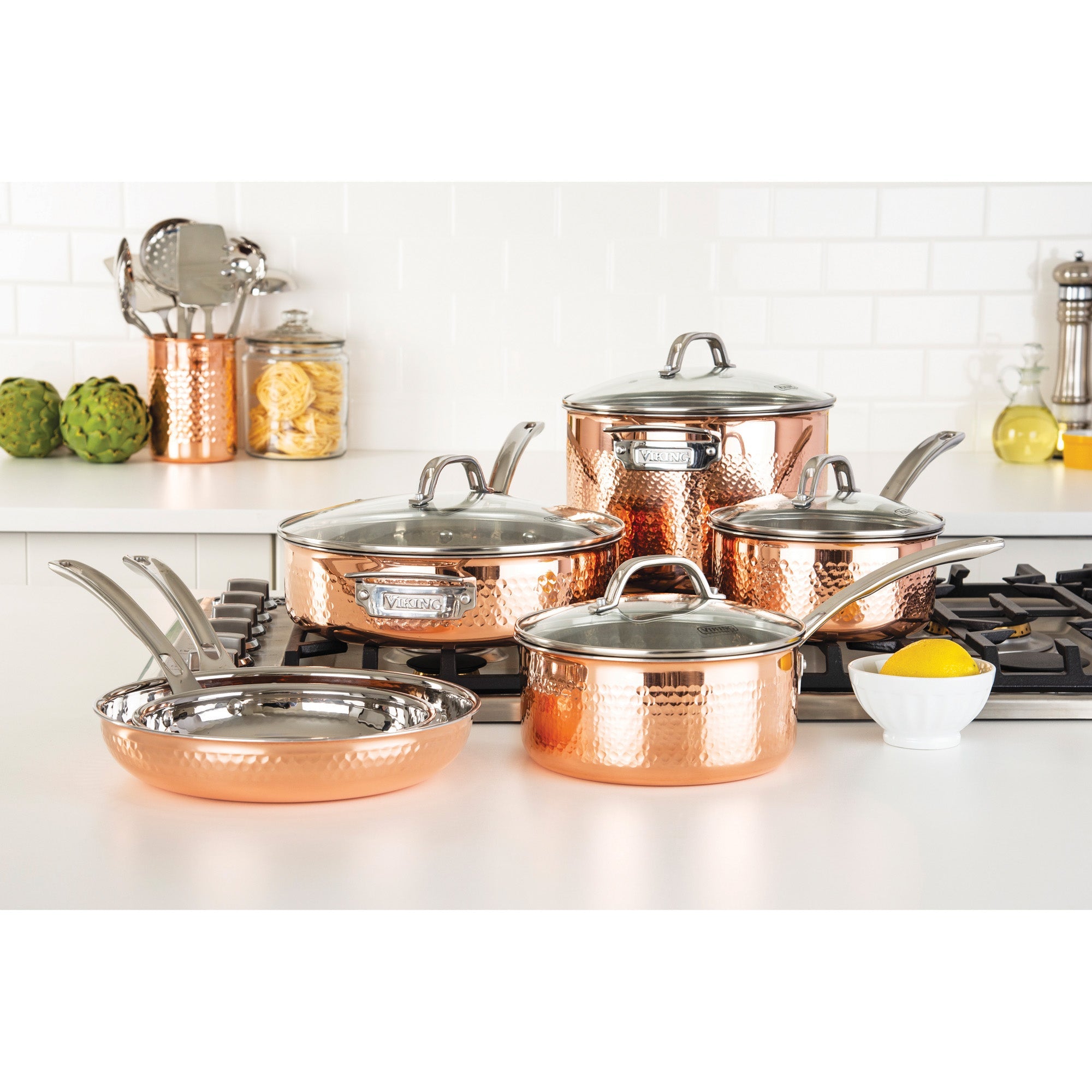 Viking 3-Ply Hammered Copper Clad 10-Piece Cookware Set with Glass Lids